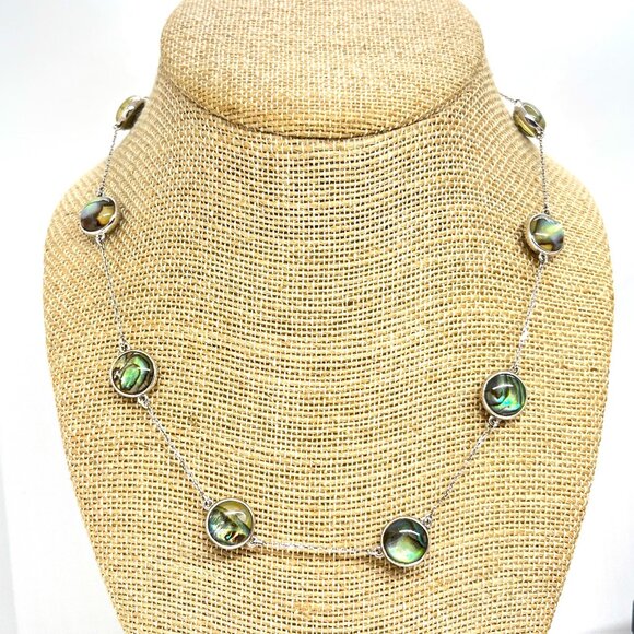 ABALONE SHELL MOTHER OF PEARL 925 STERLING SILVER STATION LINK NECKLACE 18" - Picture 1 of 16